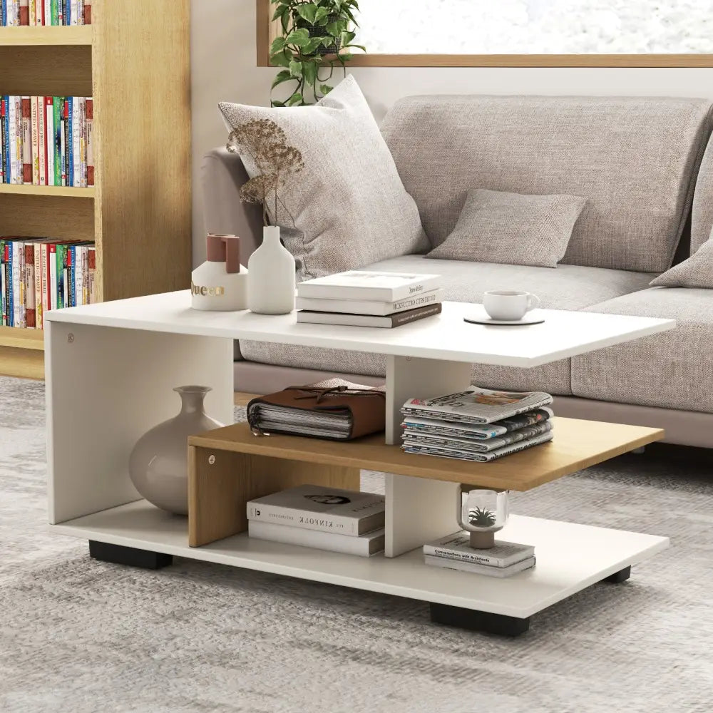 Rectangular Coffee Table with L-shaped Middle Shelf-White - White - Coffee Tables