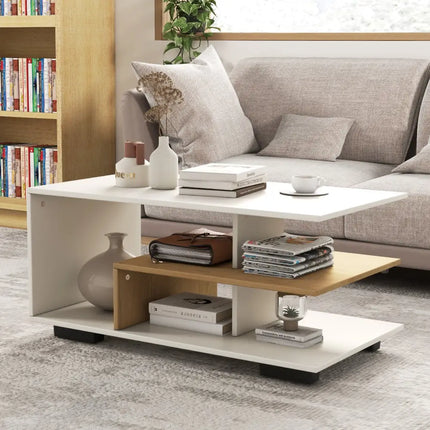 Rectangular Coffee Table with L-shaped Middle Shelf-White - White - Coffee Tables