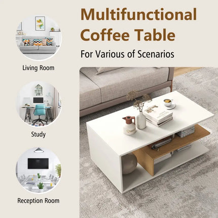 Rectangular Coffee Table with L-shaped Middle Shelf-White - White - Coffee Tables