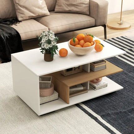 Rectangular Coffee Table with L-shaped Middle Shelf-White - White - Coffee Tables