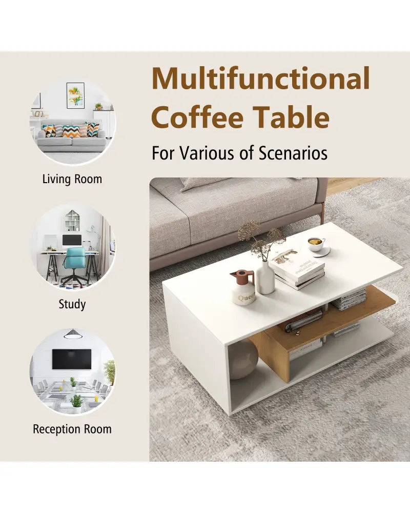 Rectangular Coffee Table with L-shaped Middle Shelf-White - White - Coffee Tables