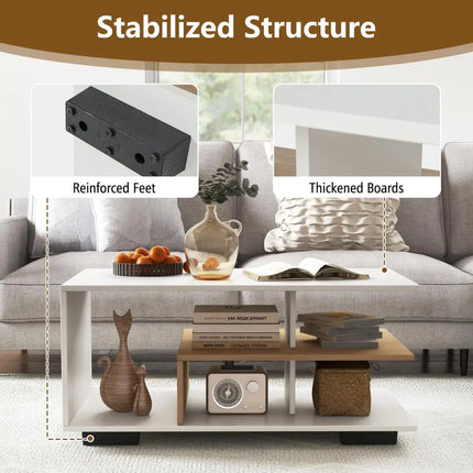 Rectangular Coffee Table with L-shaped Middle Shelf-White - White - Coffee Tables