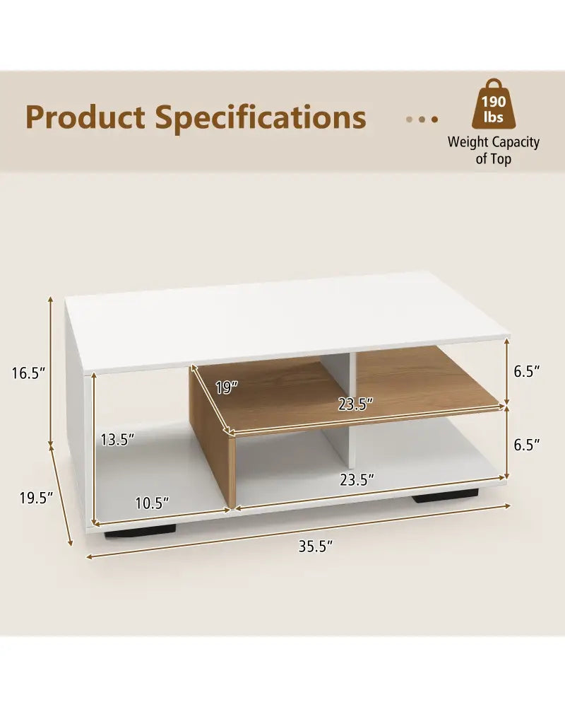 Rectangular Coffee Table with L-shaped Middle Shelf-White - White - Coffee Tables