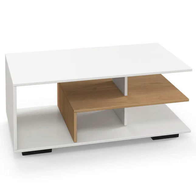 Rectangular Coffee Table with L-shaped Middle Shelf-White - White - Coffee Tables