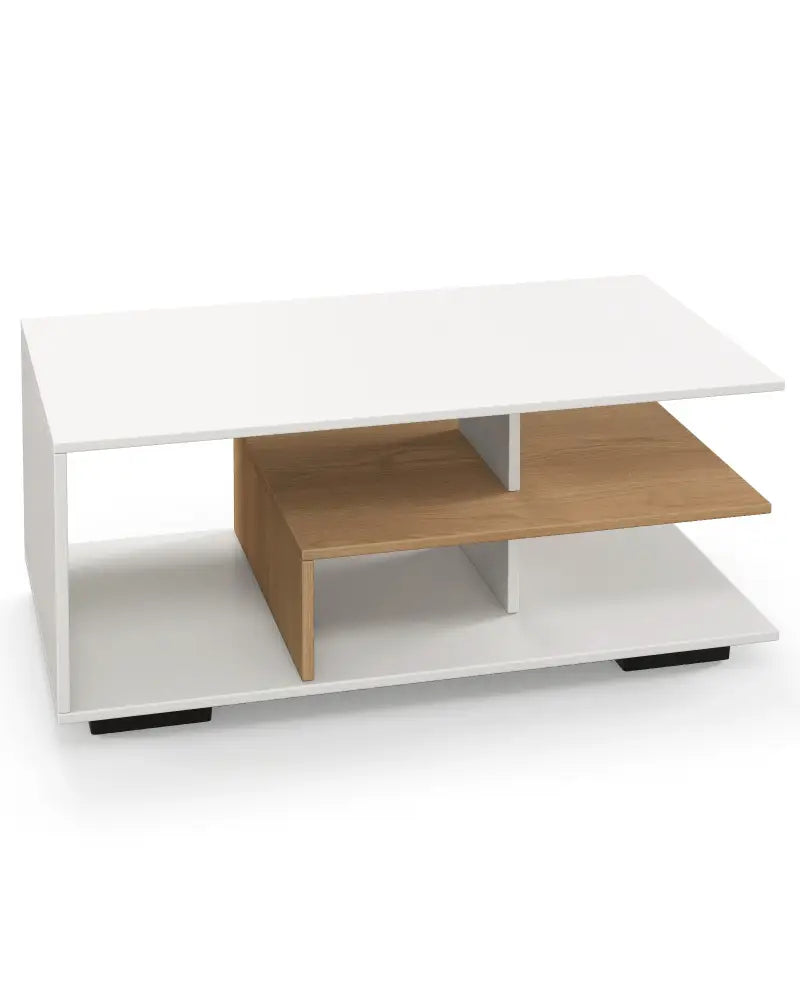 Rectangular Coffee Table with L-shaped Middle Shelf-White - White - Coffee Tables