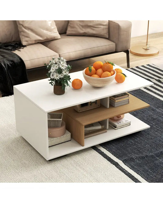 Rectangular Coffee Table with L-shaped Middle Shelf-White - White - Coffee Tables