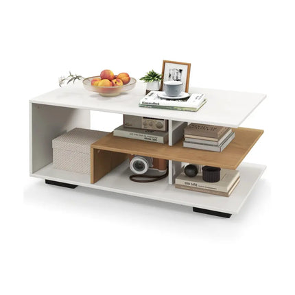 Rectangular Coffee Table with L-shaped Middle Shelf-White - White - Coffee Tables