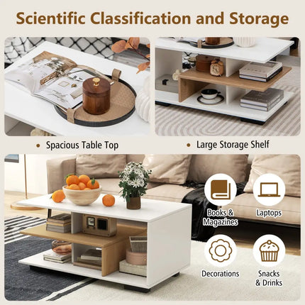 Rectangular Coffee Table with L-shaped Middle Shelf-White - White - Coffee Tables
