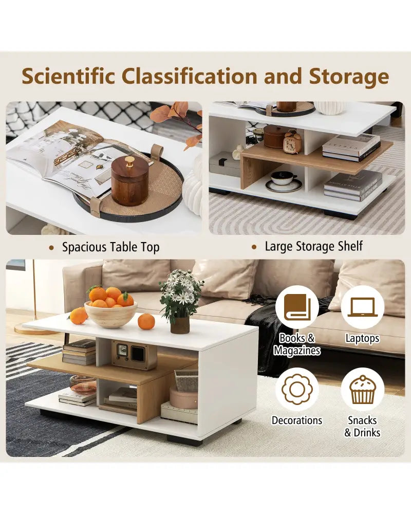 Rectangular Coffee Table with L-shaped Middle Shelf-White - White - Coffee Tables