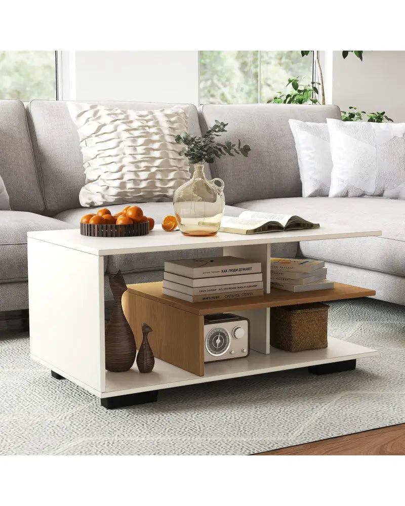 Rectangular Coffee Table with L-shaped Middle Shelf-White - White - Coffee Tables