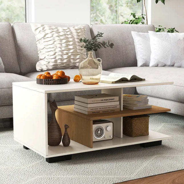 Rectangular Coffee Table with L-shaped Middle Shelf-White - White - Coffee Tables
