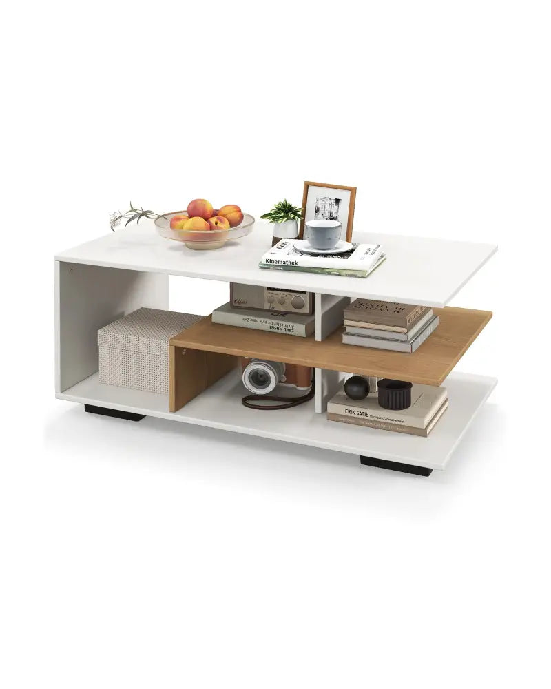 Rectangular Coffee Table with L-shaped Middle Shelf-White - White - Coffee Tables