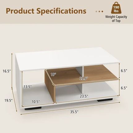 Rectangular Coffee Table with L-shaped Middle Shelf-White - White - Coffee Tables
