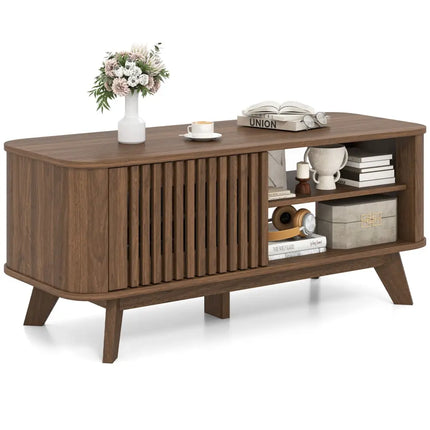 Rectangular Coffee Table with Storage and Adjustable Shelves-Walnut - Walnut - Coffee Tables