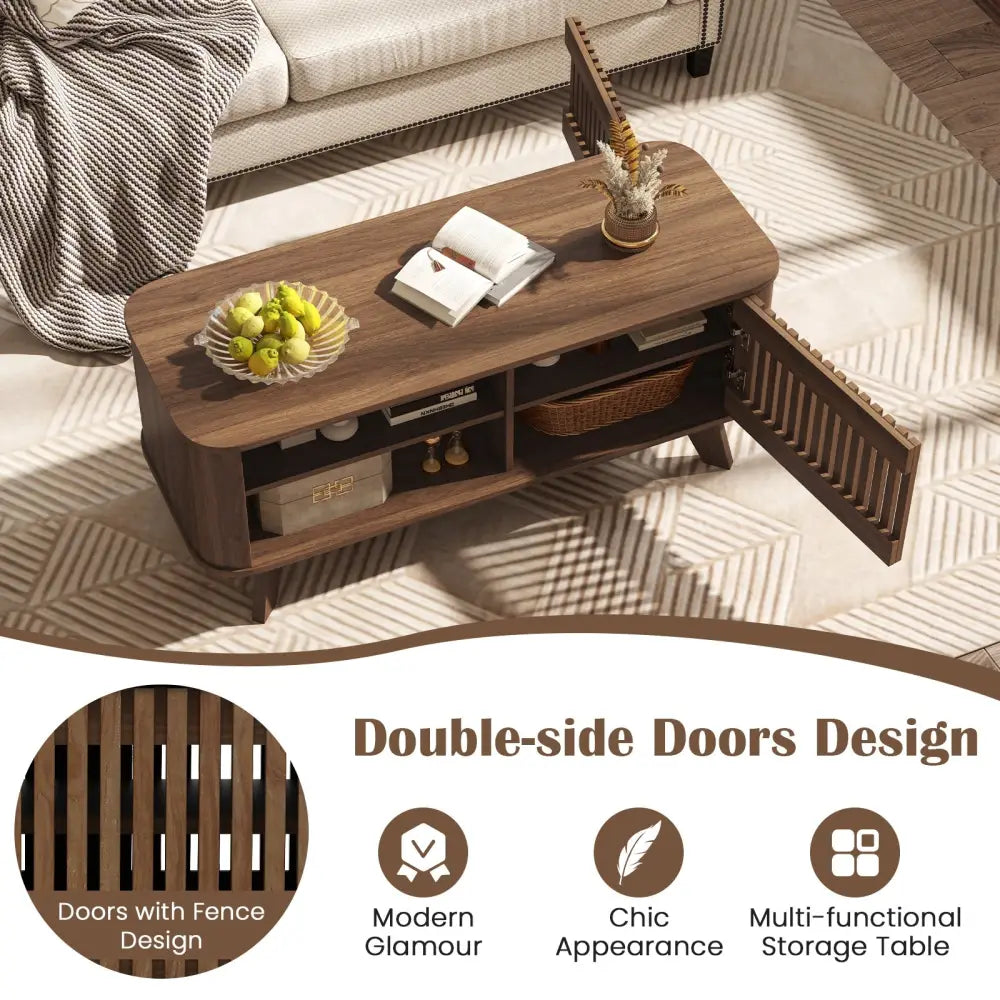 Rectangular Coffee Table with Storage and Adjustable Shelves-Walnut - Walnut - Coffee Tables