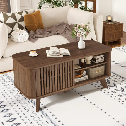 Rectangular Coffee Table with Storage and Adjustable Shelves-Walnut - Walnut - Coffee Tables