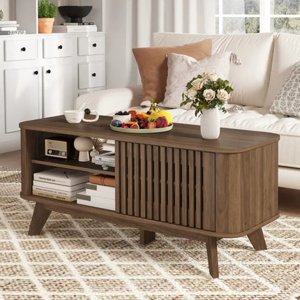 Rectangular Coffee Table with Storage and Adjustable Shelves-Walnut - Walnut - Coffee Tables