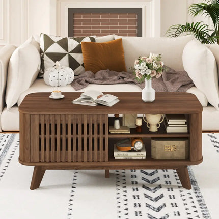 Rectangular Coffee Table with Storage and Adjustable Shelves-Walnut - Walnut - Coffee Tables