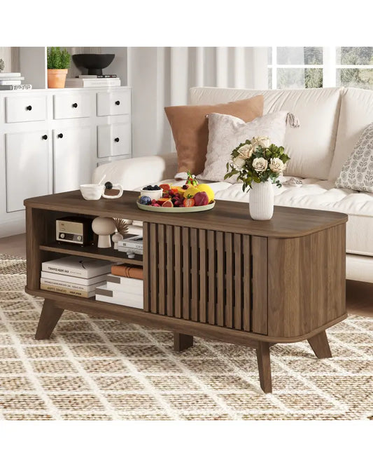 Rectangular Coffee Table with Storage and Adjustable Shelves-Walnut - Walnut - Coffee Tables