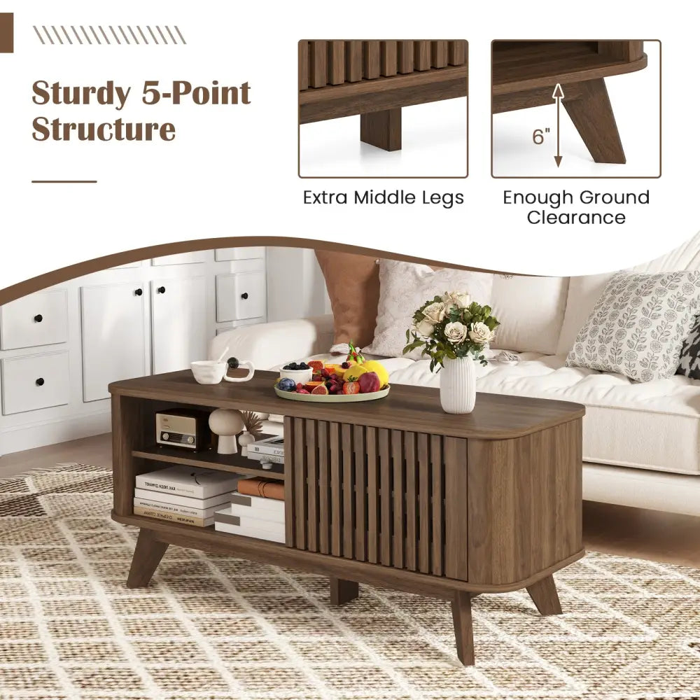 Rectangular Coffee Table with Storage and Adjustable Shelves-Walnut - Walnut - Coffee Tables