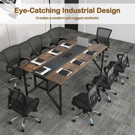 Rectangular Meeting Table with Mesh Storage Shelf and Cable Grommet-Rustic Brown - Rustic Brown - Office Desks
