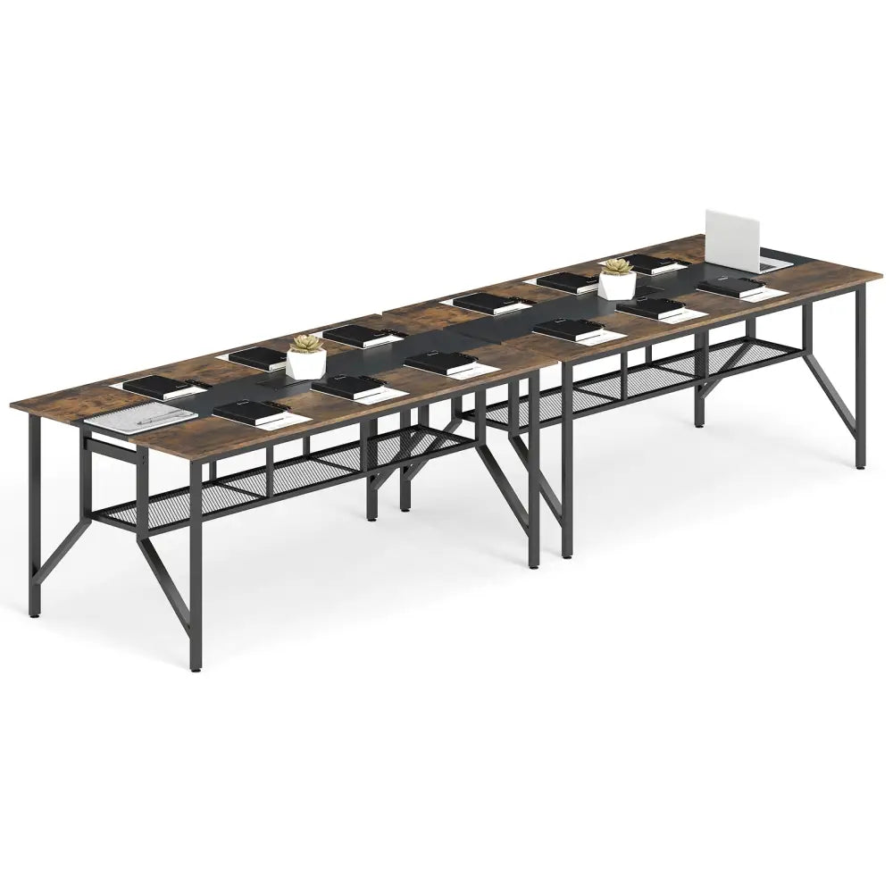 Rectangular Meeting Table with Mesh Storage Shelf and Cable Grommet-Rustic Brown - Rustic Brown - Office Desks