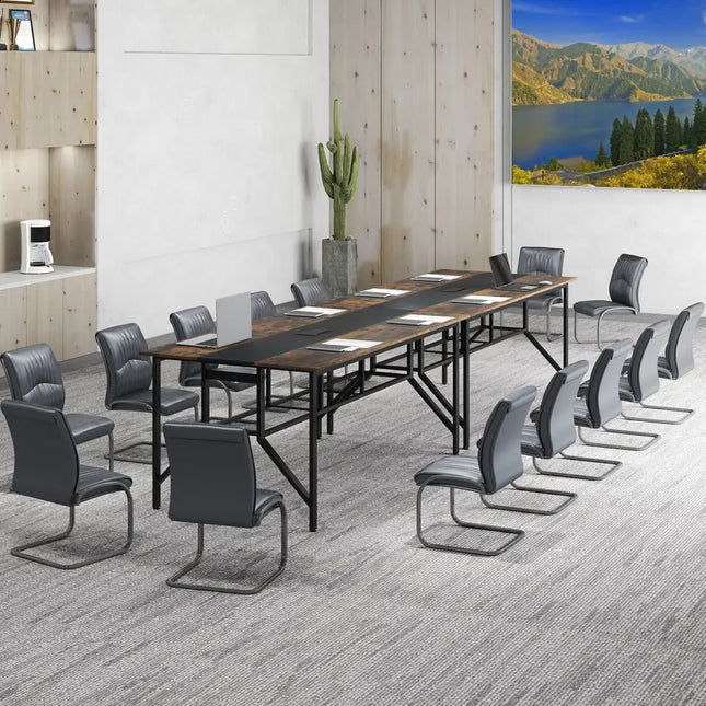 Rectangular Meeting Table with Mesh Storage Shelf and Cable Grommet-Rustic Brown - Rustic Brown - Office Desks