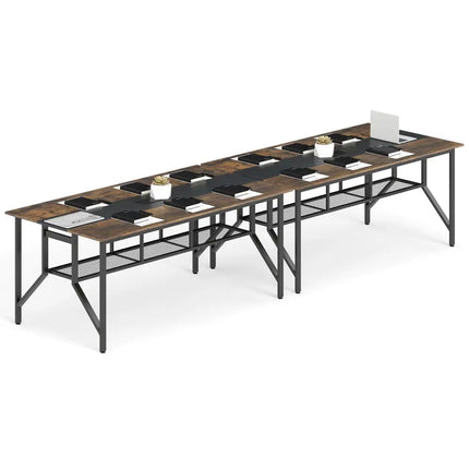 Rectangular Meeting Table with Mesh Storage Shelf and Cable Grommet-Rustic Brown - Rustic Brown - Office Desks
