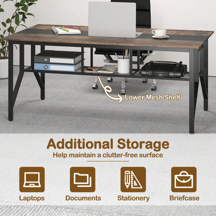 Rectangular Meeting Table with Mesh Storage Shelf and Cable Grommet-Rustic Brown - Rustic Brown - Office Desks