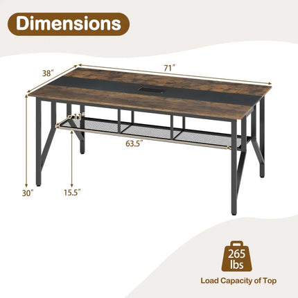 Rectangular Meeting Table with Mesh Storage Shelf and Cable Grommet-Rustic Brown - Rustic Brown - Office Desks