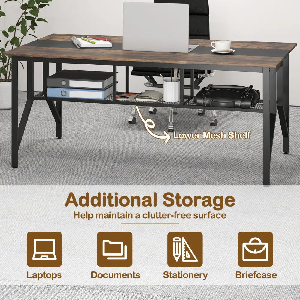Rectangular Meeting Table with Mesh Storage Shelf and Cable Grommet-Rustic Brown - Rustic Brown - Office Desks