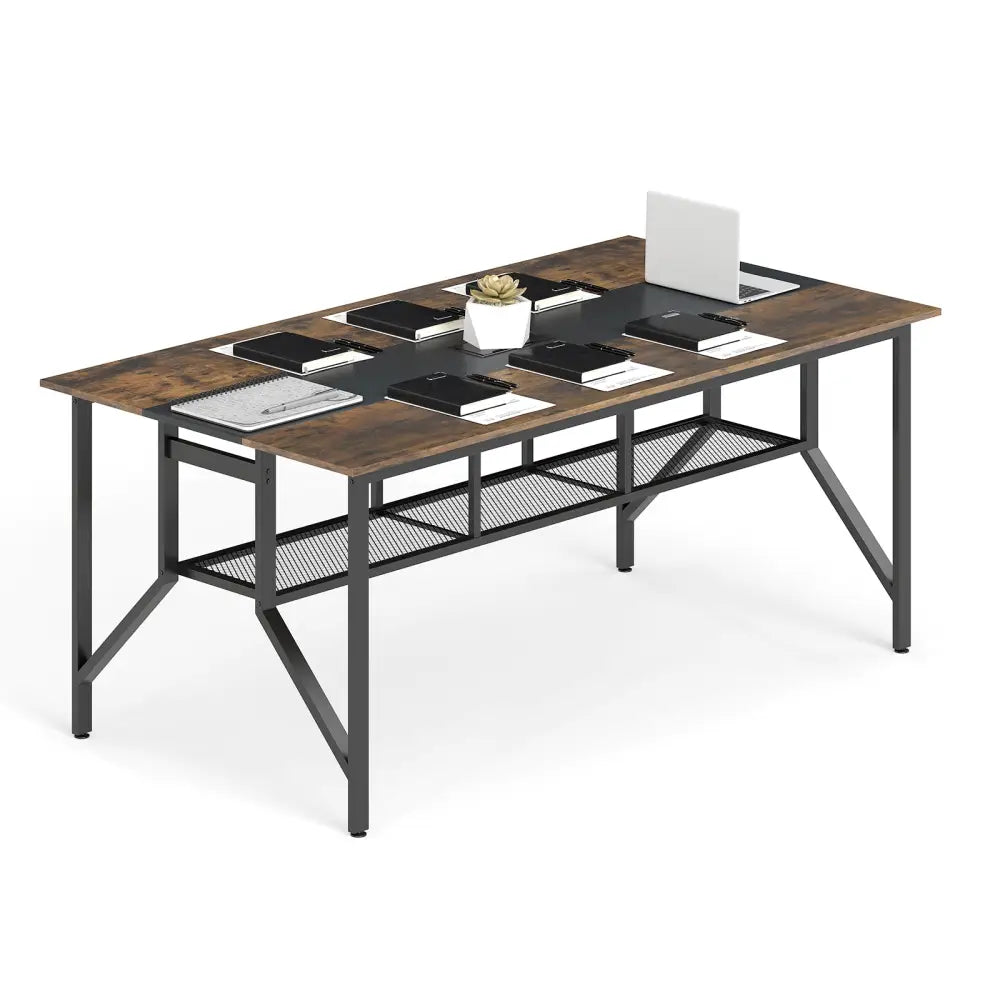 Rectangular Meeting Table with Mesh Storage Shelf and Cable Grommet-Rustic Brown - Rustic Brown - Office Desks