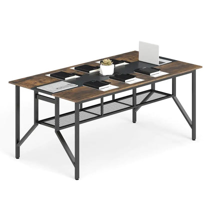 Rectangular Meeting Table with Mesh Storage Shelf and Cable Grommet-Rustic Brown - Rustic Brown - Office Desks