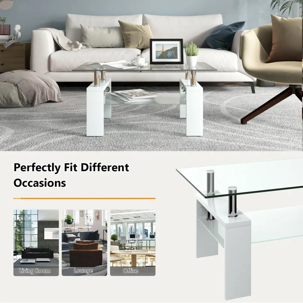Rectangular Tempered Glass Coffee Table End Side Table with Shelf-White - White - Coffee Tables