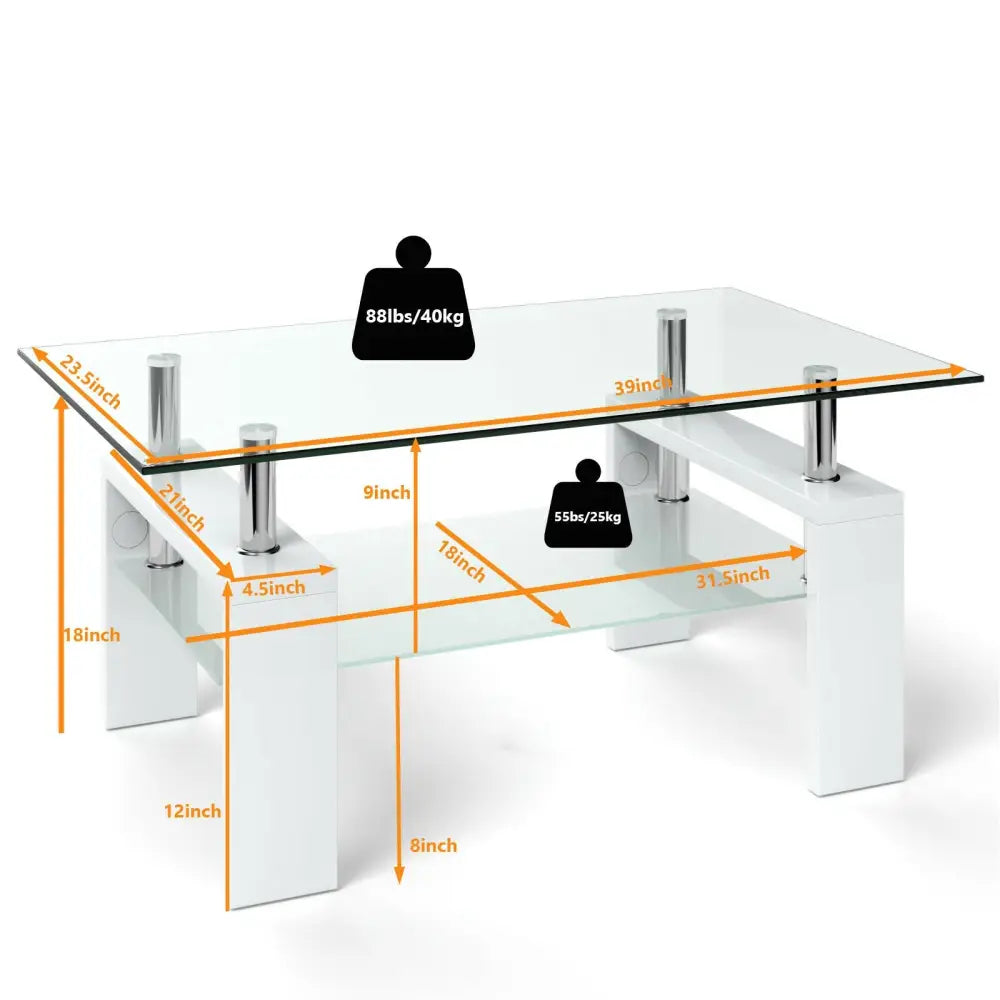 Rectangular Tempered Glass Coffee Table End Side Table with Shelf-White - White - Coffee Tables