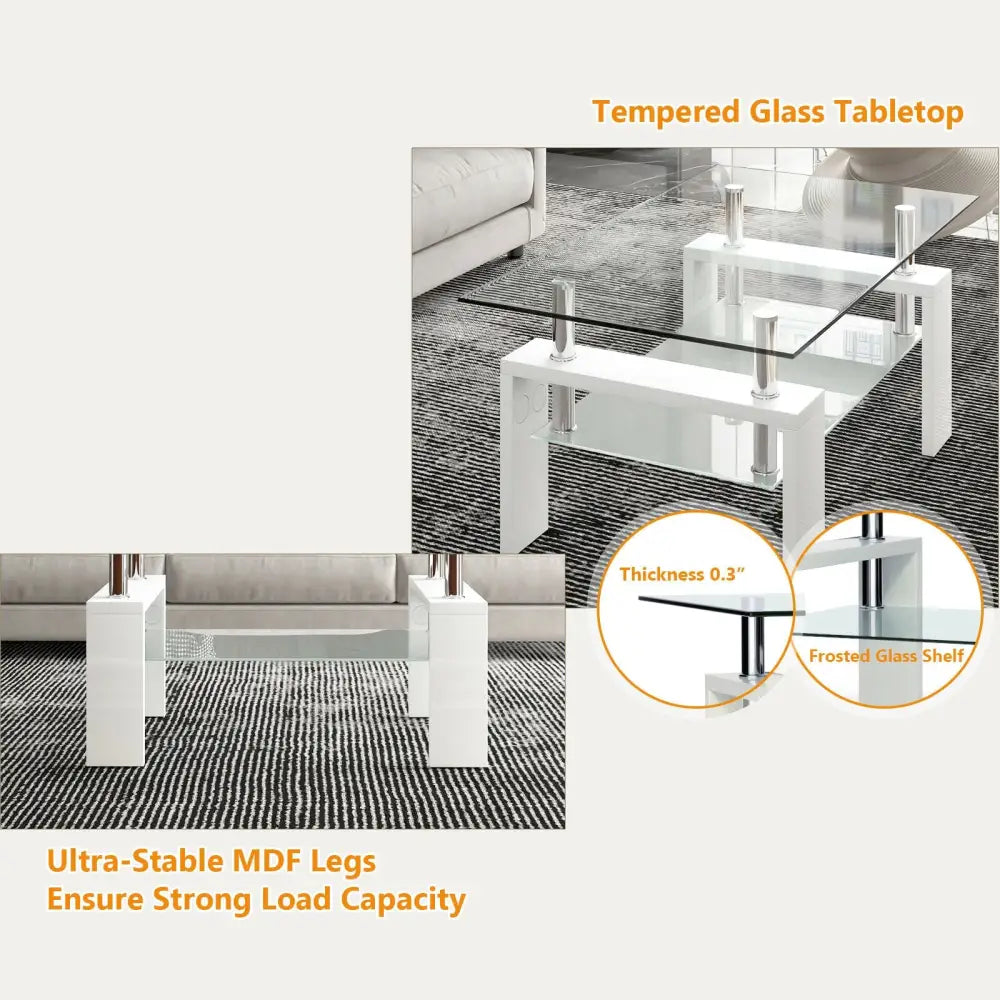 Rectangular Tempered Glass Coffee Table End Side Table with Shelf-White - White - Coffee Tables