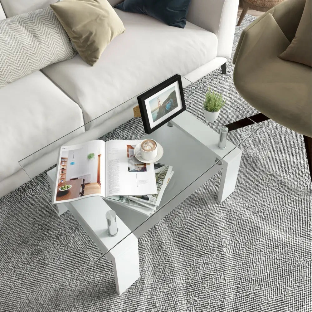 Rectangular Tempered Glass Coffee Table End Side Table with Shelf-White - White - Coffee Tables
