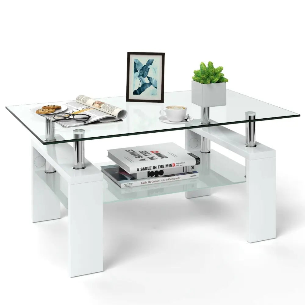 Rectangular Tempered Glass Coffee Table End Side Table with Shelf-White - White - Coffee Tables