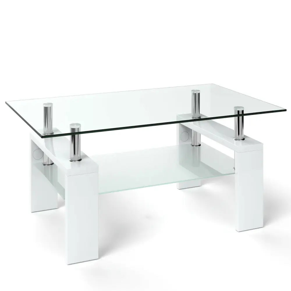 Rectangular Tempered Glass Coffee Table End Side Table with Shelf-White - White - Coffee Tables