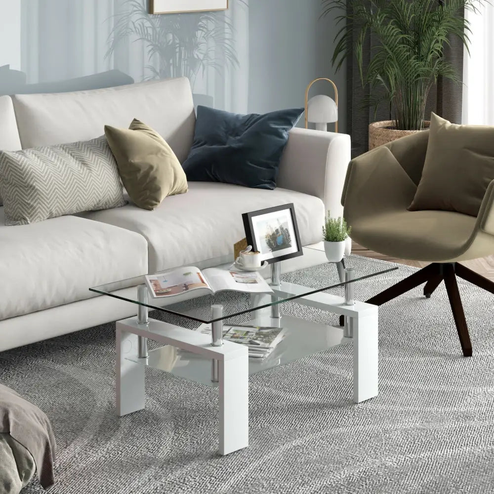 Rectangular Tempered Glass Coffee Table End Side Table with Shelf-White - White - Coffee Tables