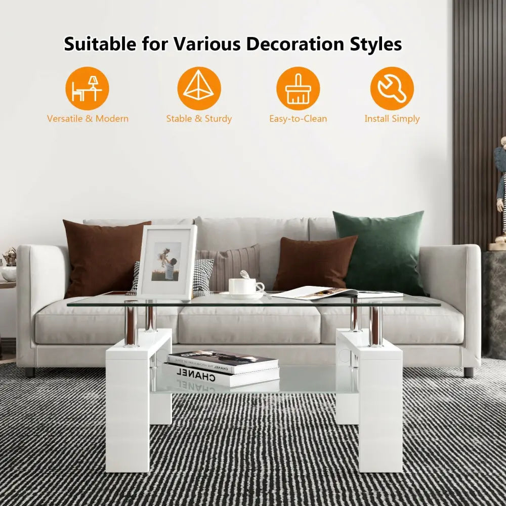 Rectangular Tempered Glass Coffee Table End Side Table with Shelf-White - White - Coffee Tables