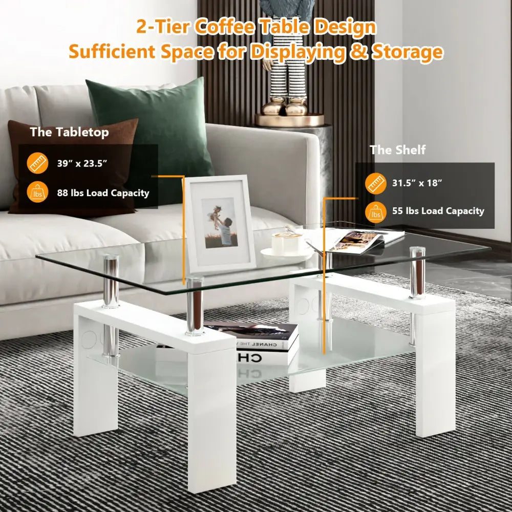 Rectangular Tempered Glass Coffee Table End Side Table with Shelf-White - White - Coffee Tables
