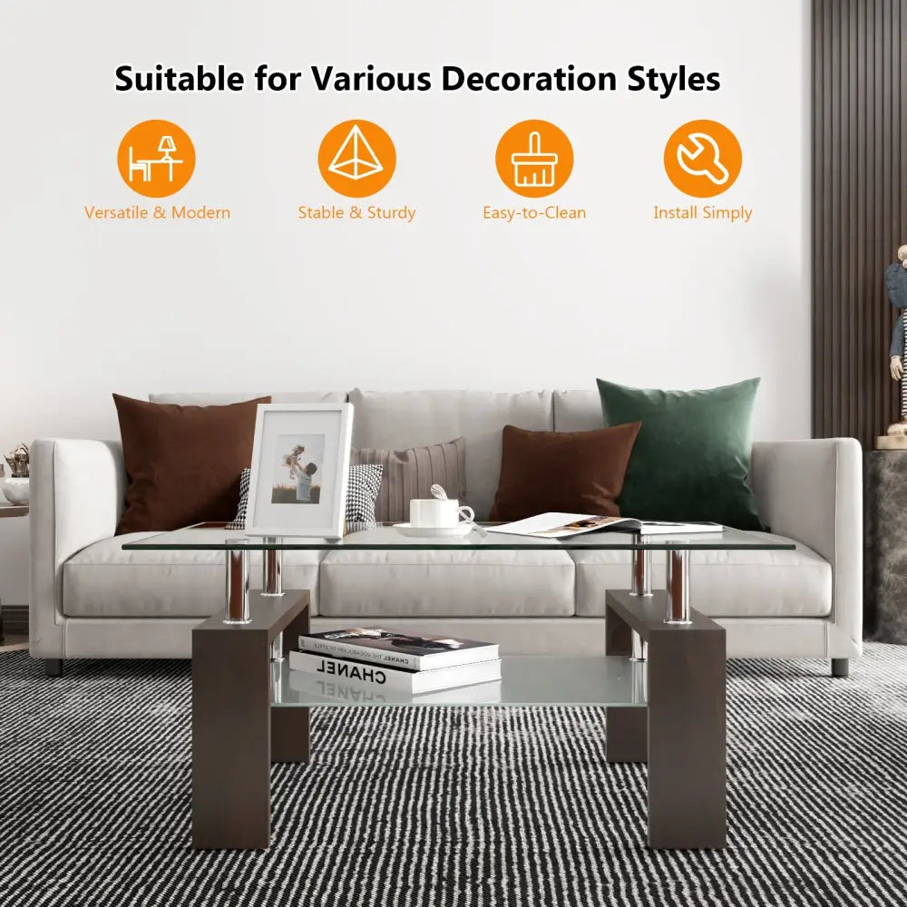 Rectangular Tempered Glass Coffee Table Tea Table with Shelf-Brown - Brown - Coffee Tables