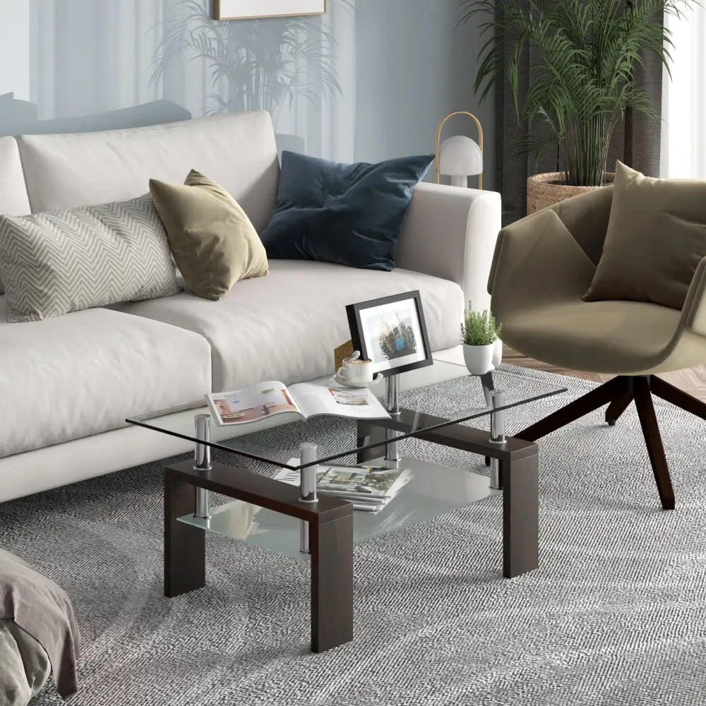 Rectangular Tempered Glass Coffee Table Tea Table with Shelf-Brown - Brown - Coffee Tables