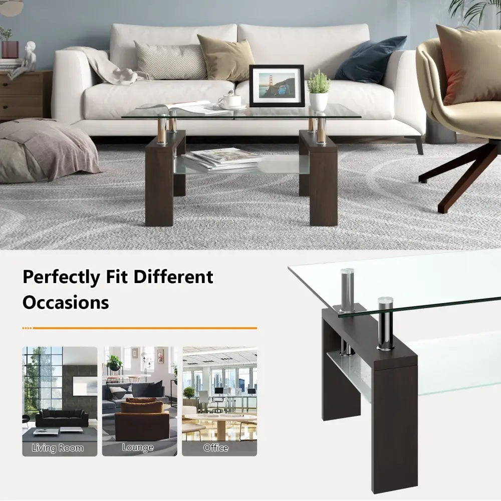 Rectangular Tempered Glass Coffee Table Tea Table with Shelf-Brown - Brown - Coffee Tables