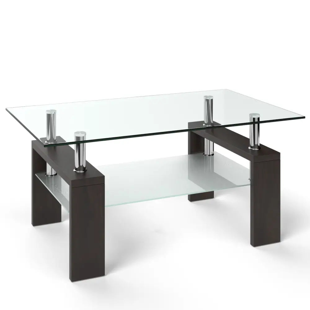 Rectangular Tempered Glass Coffee Table Tea Table with Shelf-Brown - Brown - Coffee Tables