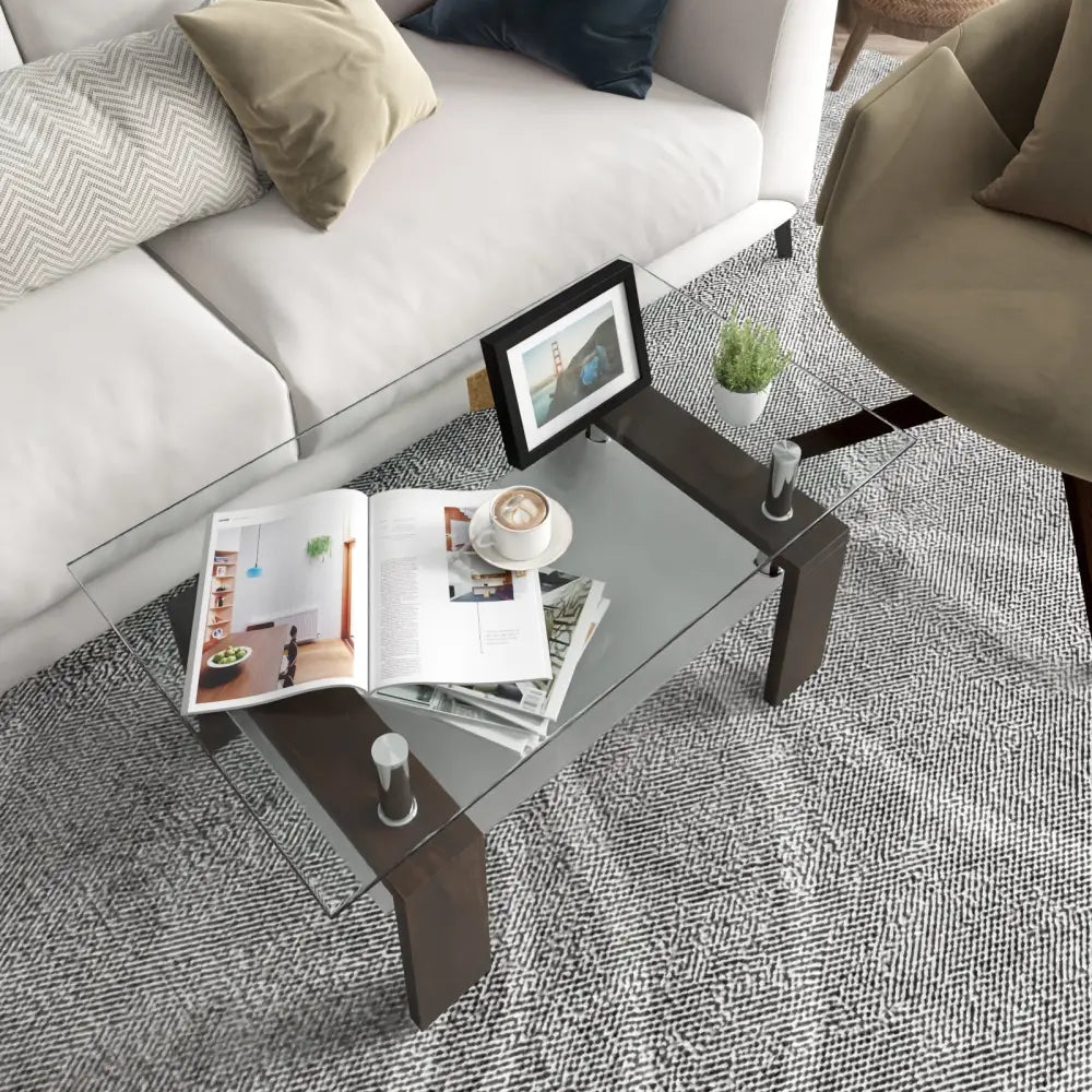 Rectangular Tempered Glass Coffee Table Tea Table with Shelf-Brown - Brown - Coffee Tables