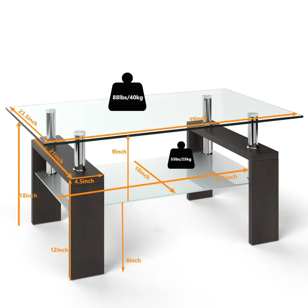 Rectangular Tempered Glass Coffee Table Tea Table with Shelf-Brown - Brown - Coffee Tables