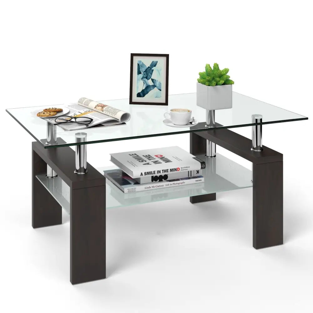 Rectangular Tempered Glass Coffee Table Tea Table with Shelf-Brown - Brown - Coffee Tables