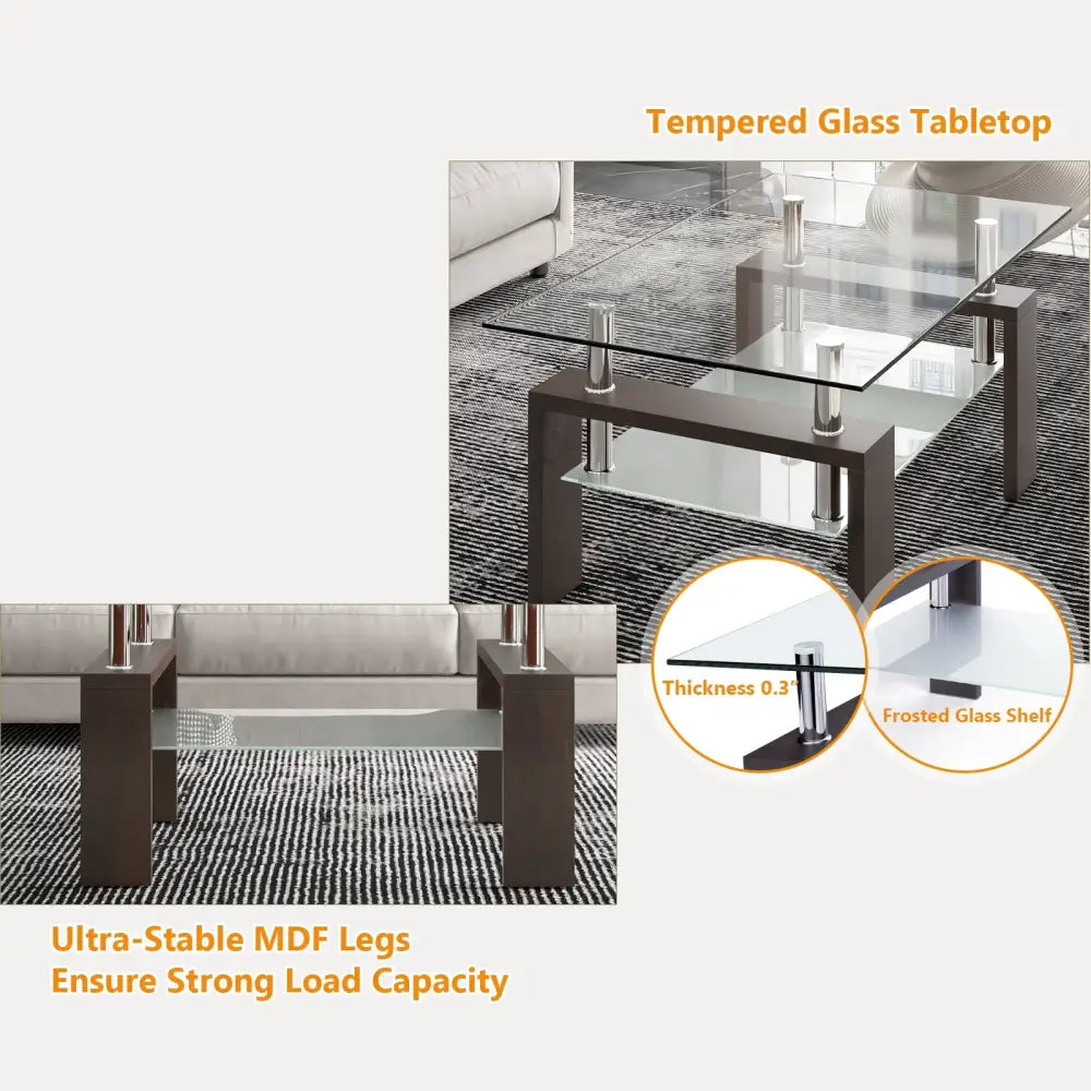 Rectangular Tempered Glass Coffee Table Tea Table with Shelf-Brown - Brown - Coffee Tables